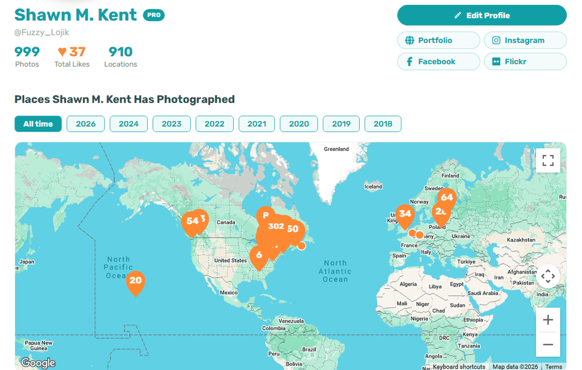 A PIXEO Pro profile shown as a portfolio, with a map of past locations and a frame showcase